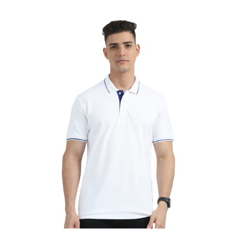 White Polo Shirt – Blue Accent Collar & Sleeves for Teams, Clubs & Corporate Branding