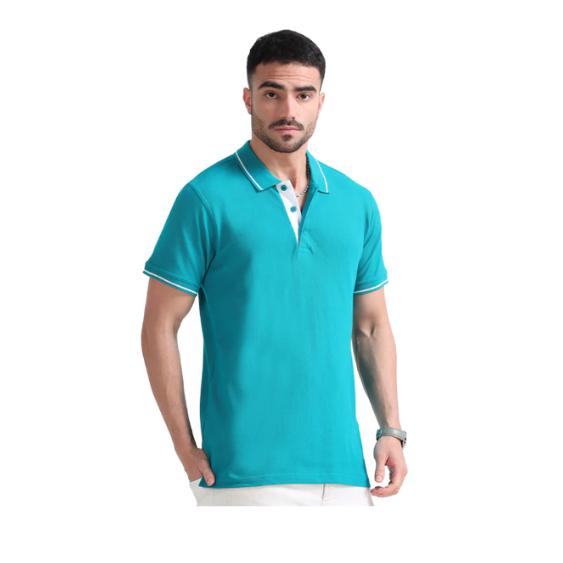 Plain Teal Polo Tipping T-Shirt – White Contrast Collar & Sleeve Trim for Everyday & Bulk Wear