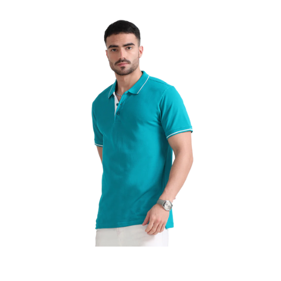 Plain Teal Polo Tipping T-Shirt – White Contrast Collar & Sleeve Trim for Everyday & Bulk Wear