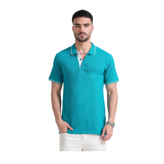 Plain Teal Polo Tipping T-Shirt – White Contrast Collar & Sleeve Trim for Everyday & Bulk Wear