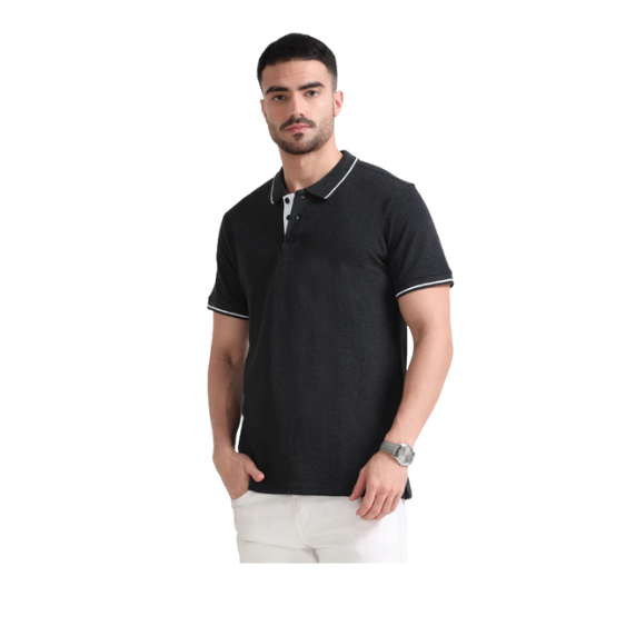 Plain Black Polo Tipping T-Shirt – White Contrast Collar & Sleeve Trim for Teams, Clubs & Everyday Wear