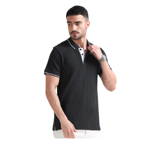 Plain Black Polo Tipping T-Shirt – White Contrast Collar & Sleeve Trim for Teams, Clubs & Everyday Wear