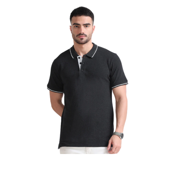 Plain Black Polo Tipping T-Shirt – White Contrast Collar & Sleeve Trim for Teams, Clubs & Everyday Wear
