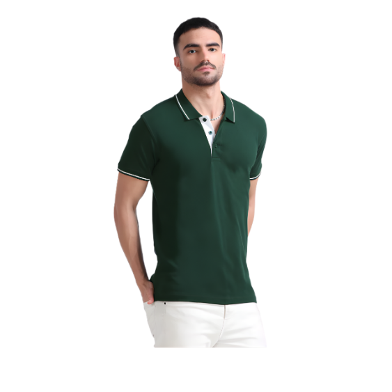 Plain Dark Green Polo Tipping T-Shirt – White Contrast Collar & Sleeve Trim for Teams, Clubs & Everyday Wear