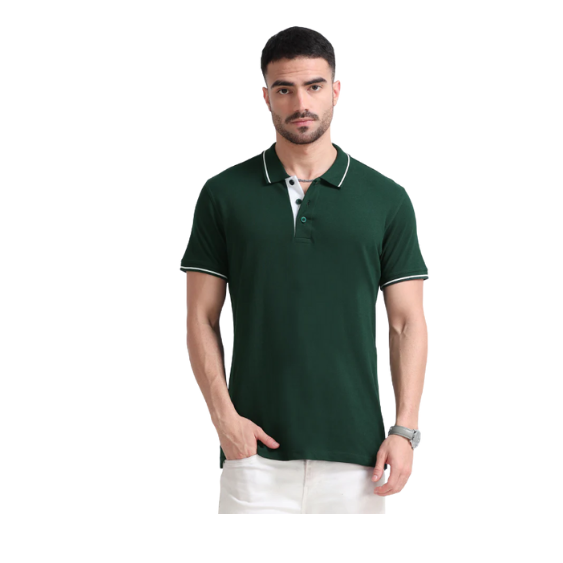 Plain Dark Green Polo Tipping T-Shirt – White Contrast Collar & Sleeve Trim for Teams, Clubs & Everyday Wear