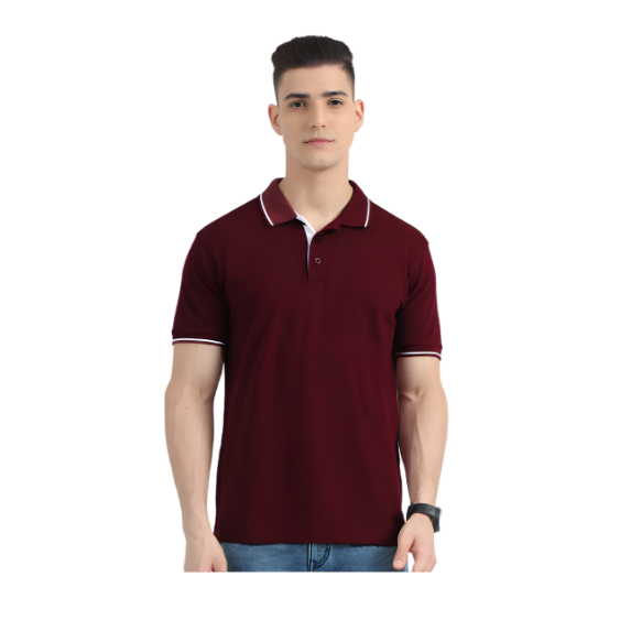 Plain Maroon Polo Tipping T-Shirt – White Contrast Collar & Sleeve Trim for Teams, Clubs & Everyday Wear