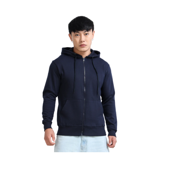 Plain Dark Navy Blue Zip-Up Hoodie – Soft Cotton Blend with Drawstring Hood & Split Kangaroo Pocket