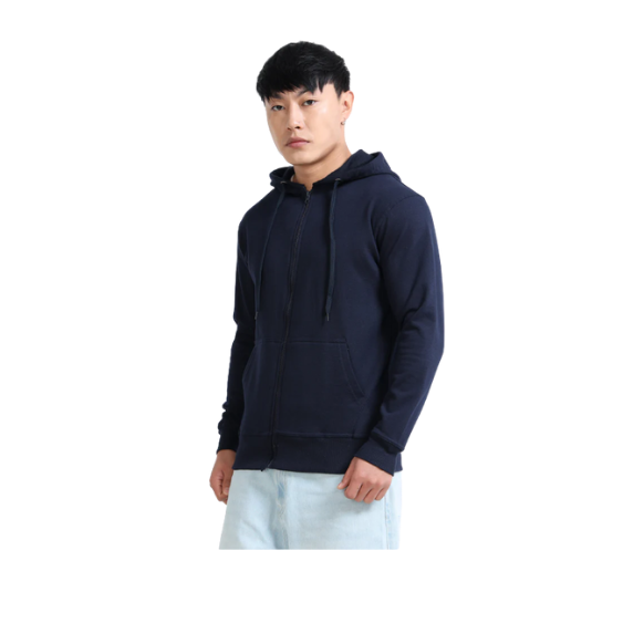 Plain Dark Navy Blue Zip-Up Hoodie – Soft Cotton Blend with Drawstring Hood & Split Kangaroo Pocket