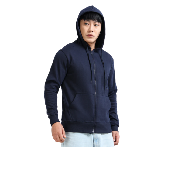 Plain Dark Navy Blue Zip-Up Hoodie – Soft Cotton Blend with Drawstring Hood & Split Kangaroo Pocket