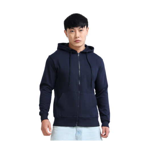 Plain Dark Navy Blue Zip-Up Hoodie – Soft Cotton Blend with Drawstring Hood & Split Kangaroo Pocket